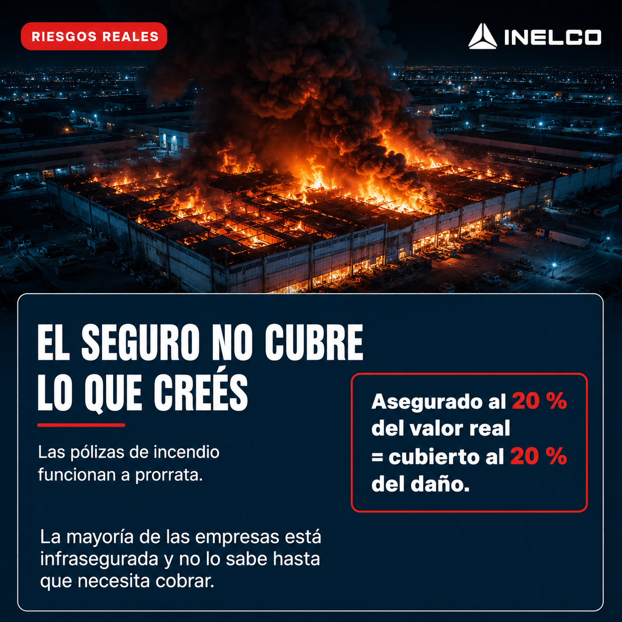 Vista aérea de un depósito en llamas de noche — la magnitud real de un incendio industrial y sus consecuencias económicas