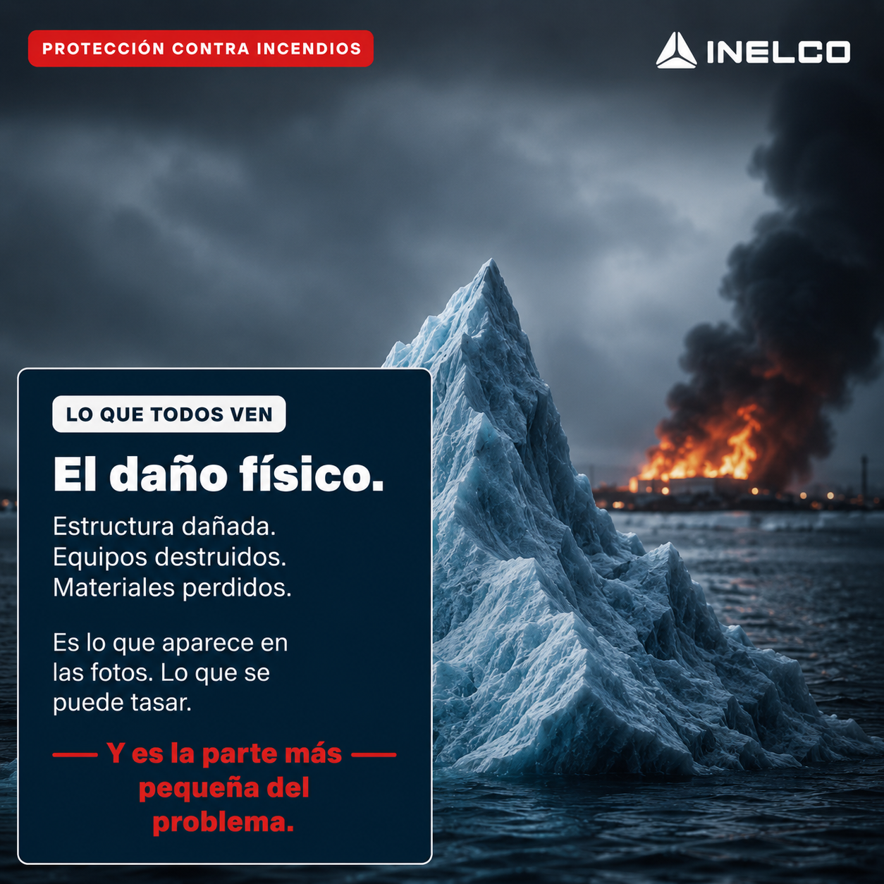 Témpano de hielo con fuego en el fondo — la punta visible y la masa sumergida de un incendio