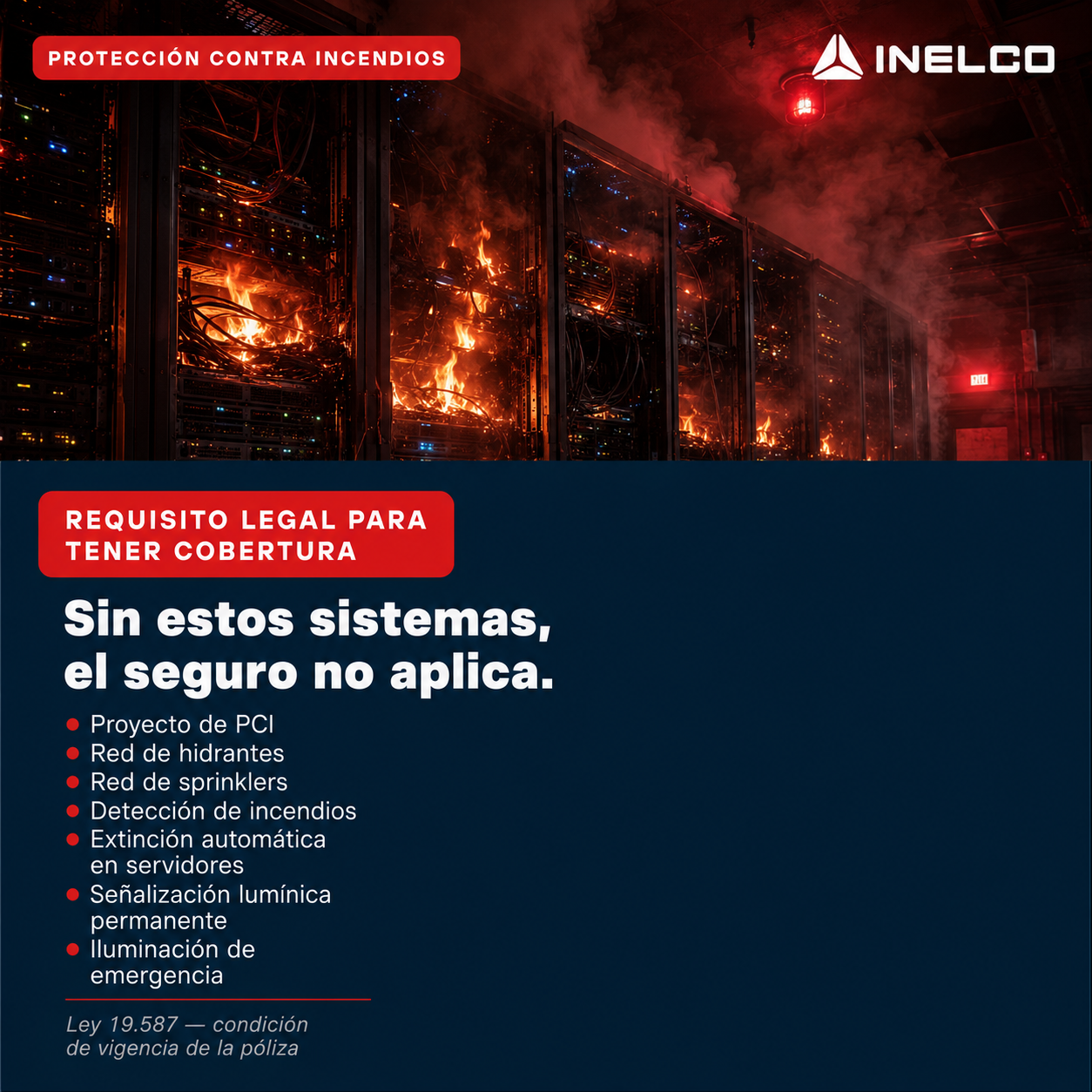 Sala de servidores en llamas — sin sistemas de extinción automática, la información puede ser irrecuperable
