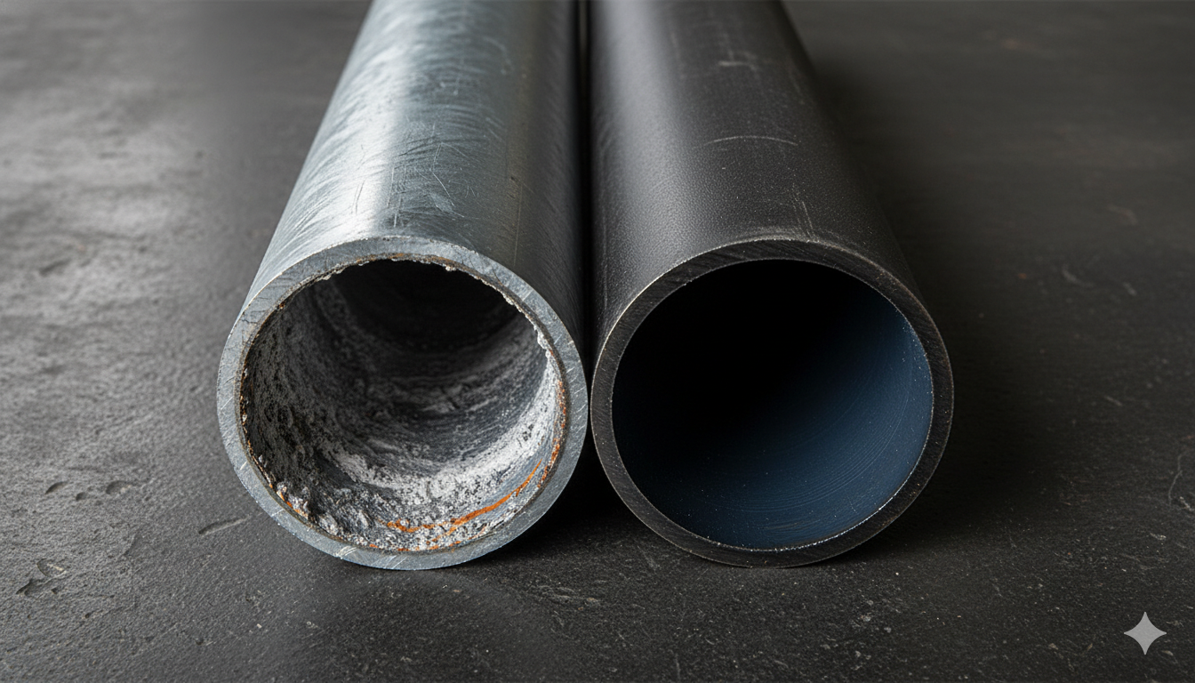 Comparativa interior caño galvanizado con corrosión y pitting vs. caño negro IRAM 2502 en buen estado