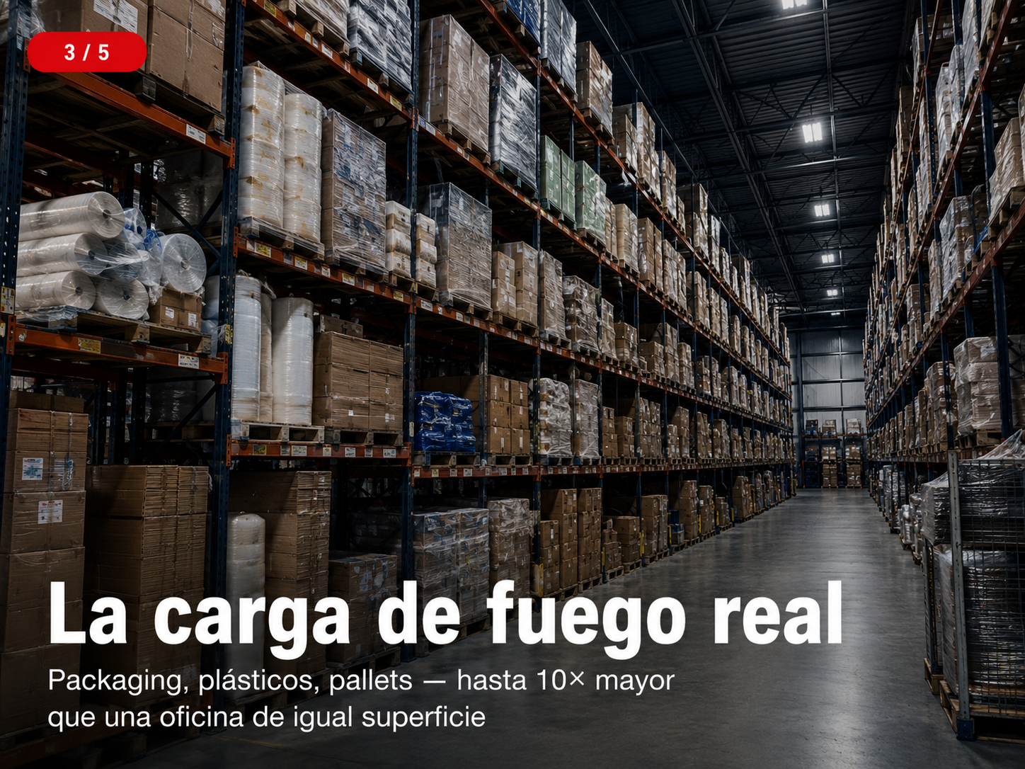 Estanterías de depósito comercial con mercadería almacenada — alta carga de fuego en galpones de distribución logística