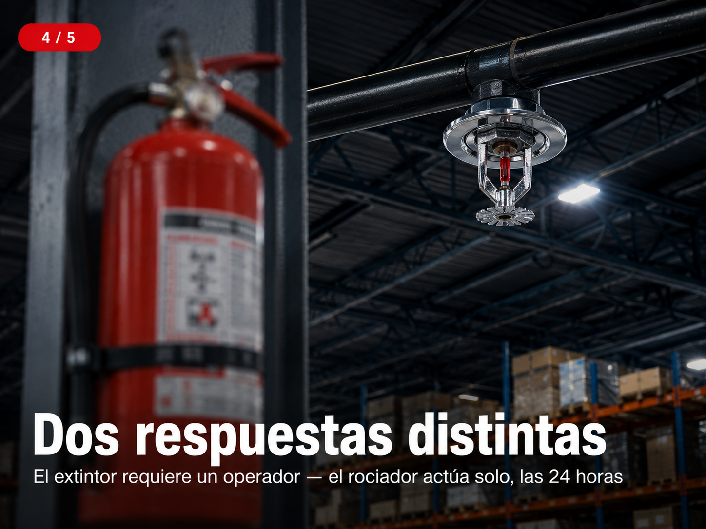 Extintor portátil desenfocado en primer plano, rociador automático sprinkler nítido al fondo — comparativa sistemas extinción incendios depósito