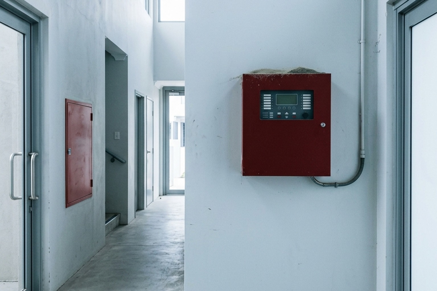 Central de detección de incendios cerrada en el hall de un edificio