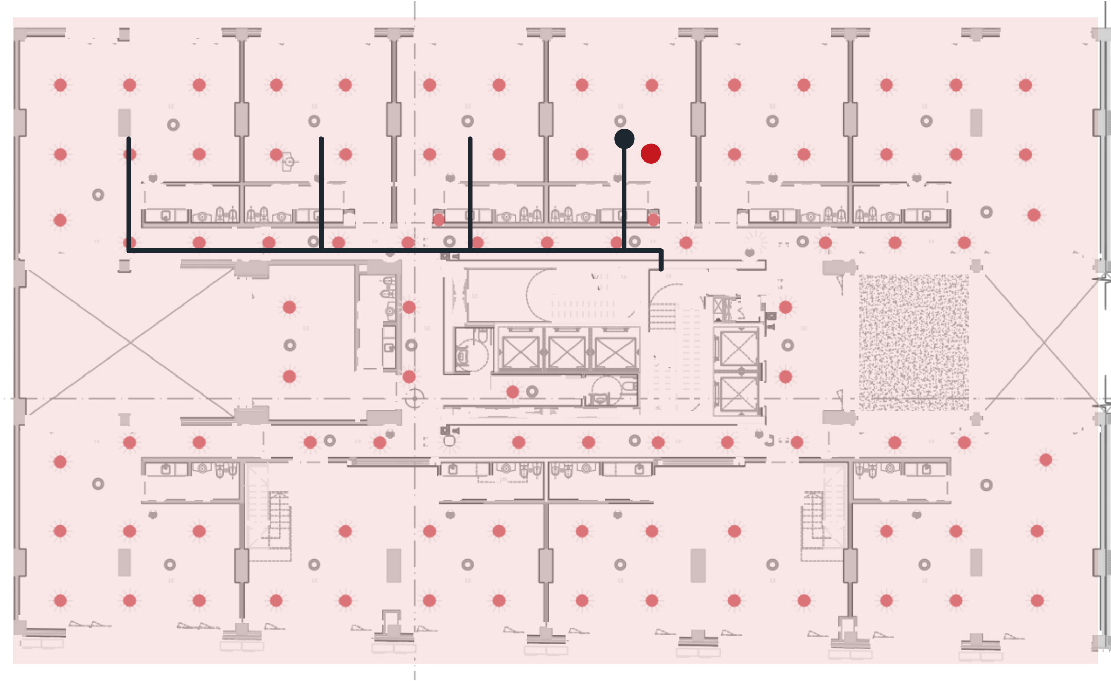 Planta de un piso de oficinas con los detectores en rojo y todo el piso sombreado como una sola zona de alarma